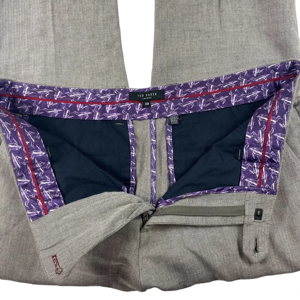 Ted Baker London Gray‎ Herringbone Cotton Mens Suit Size 5 Pant 34x27